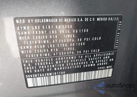 2022 Volkswagen Tiguan 2.0T Se z USA, uszkodzony, nr VIN 3VV3B7AX2NM161144